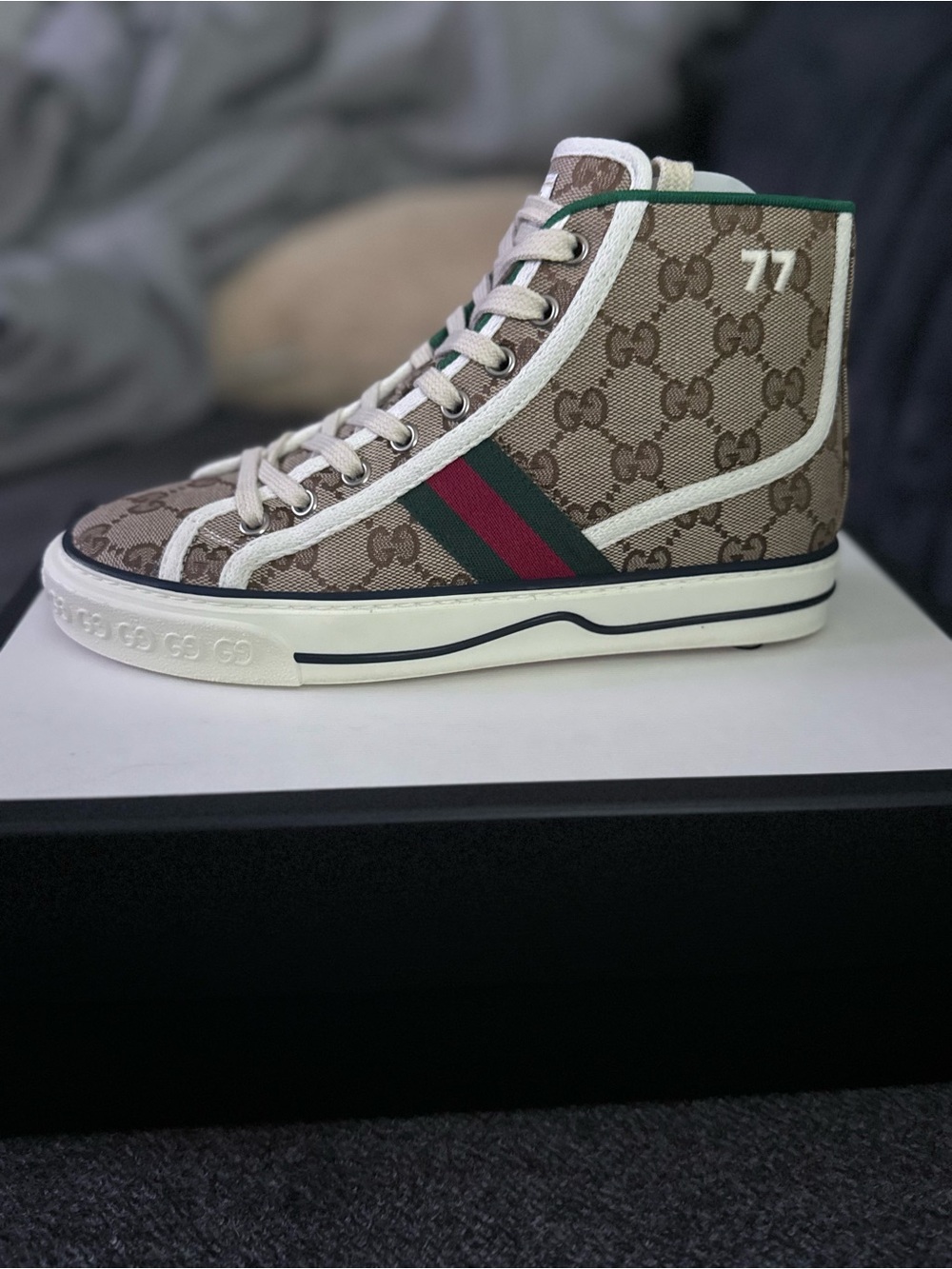 Gucci High-Top Sneaker in Beige with Green & Red Stripe
